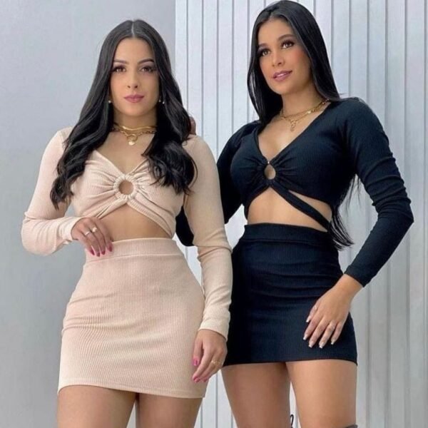 Conjunto canelado cropped manga longa