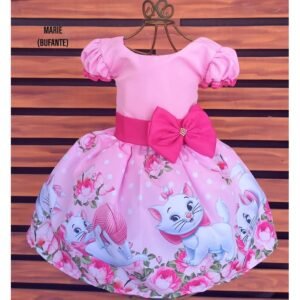 Vestido Temático Infantil Festa Gata Marie Novo laço pink