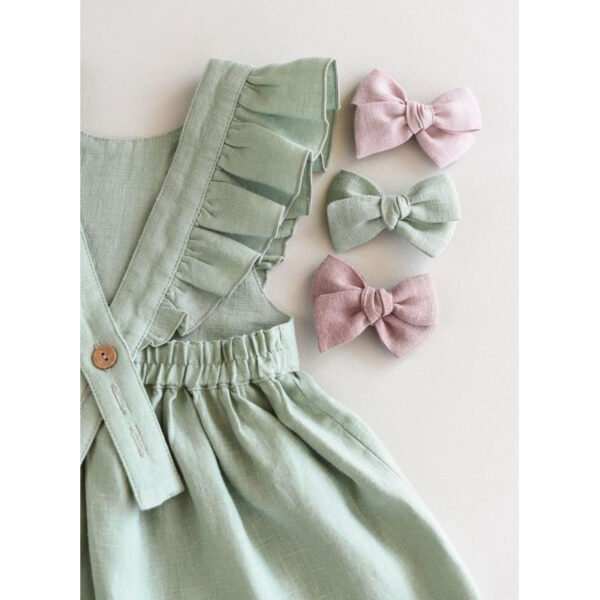 Clarita - vestido boho infantil bebê com alças reguláveis e babado + laço de cabelo - tecido linho algodão - Image 2