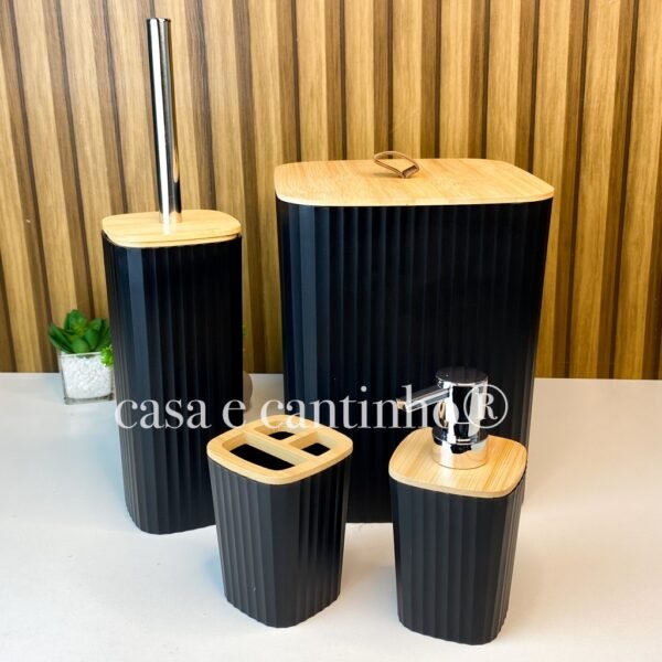 Kit para Banheiro de Bambu e Plástico Moderno e Decorada Porta Sabonete Escova de Vaso Lixeira Conjunto Preto ou Branco - Image 2