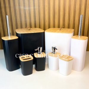 Kit para Banheiro de Bambu e Plástico Moderno e Decorada Porta Sabonete Escova de Vaso Lixeira Conjunto Preto ou Branco