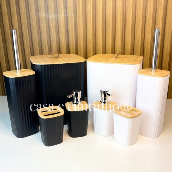 Kit para Banheiro de Bambu e Plástico Moderno e Decorada Porta Sabonete Escova de Vaso Lixeira Conjunto Preto ou Branco