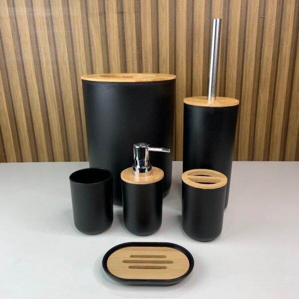 Kit para Banheiro de Bambu e Plástico Moderno e Decorada Porta Sabonete Escova de Vaso Lixeira Conjunto Preto ou Branco - Image 4