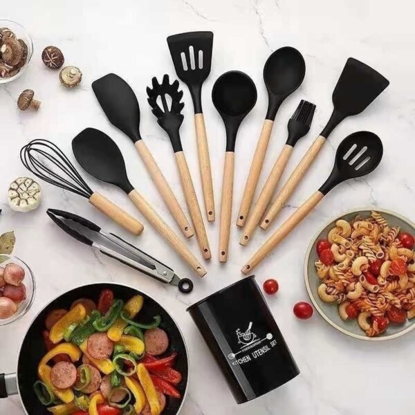 Jogo de Cozinha Kit C/12 Peças de Silicone, Utensílios e Copo Suporte para Cozinha Cabo de Madeira ALEX - Image 4