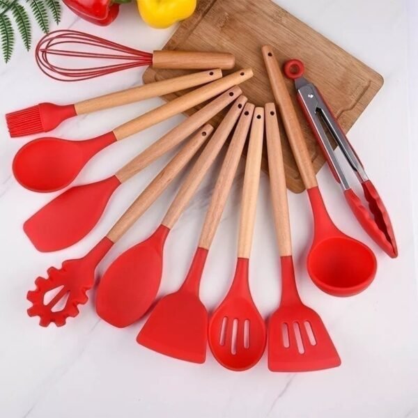 Jogo de Cozinha Kit C/12 Peças de Silicone, Utensílios e Copo Suporte para Cozinha Cabo de Madeira ALEX - Image 3