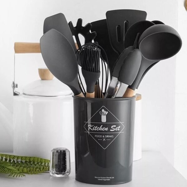 Jogo de Cozinha Kit C/12 Peças de Silicone, Utensílios e Copo Suporte para Cozinha Cabo de Madeira ALEX - Image 5