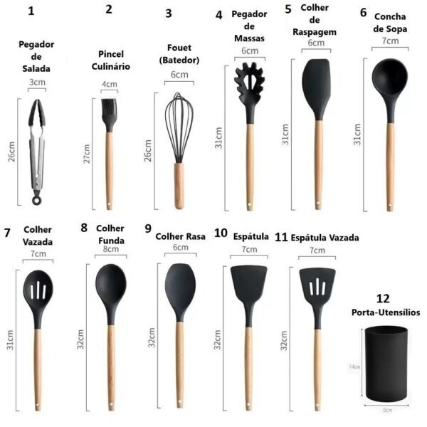 Jogo de Cozinha Kit C/12 Peças de Silicone, Utensílios e Copo Suporte para Cozinha Cabo de Madeira ALEX - Image 6