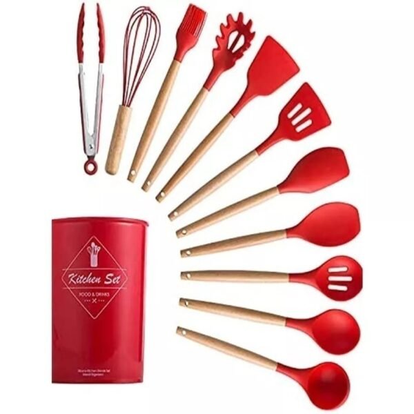 Jogo de Cozinha Kit C/12 Peças de Silicone, Utensílios e Copo Suporte para Cozinha Cabo de Madeira ALEX - Image 7
