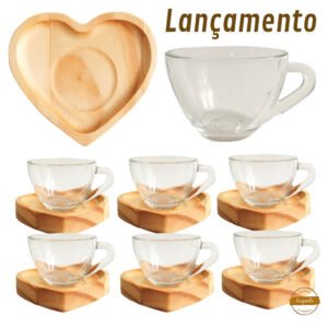 Jogo de Xícaras Cantinho do Café com Pires de Madeira