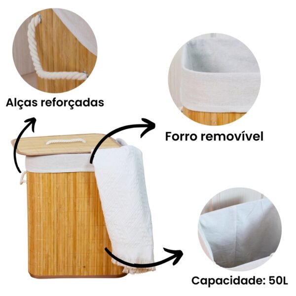 Cesto de Roupa Suja Bambu Com Tampa e Alças - Image 5