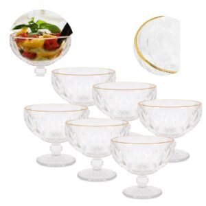 Jogo 6 Taças Transparente Vidro Grosso Decorado, Detalhe Dourado 310ml