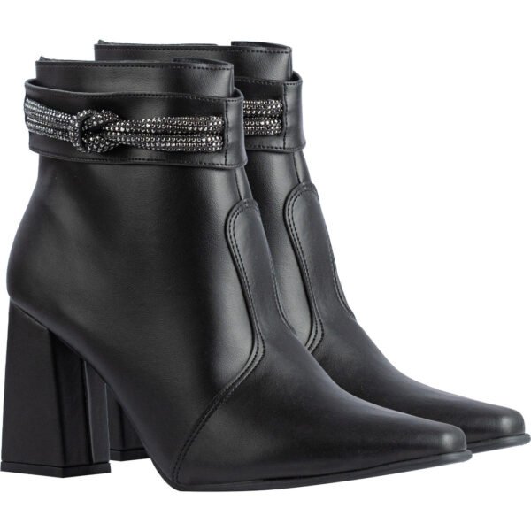Bota Feminina Lumiss Strass Salto Alto Grosso Bico Fino Confortável Cano Curto Napa Preto - Image 3