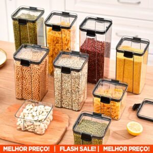 Kit 5 Potes Pote Hermético Acrílico Organizador Slim Click Tampa Trava Com Alta Vedação Em Silicone Empilhável Organiza Cozinha Armário