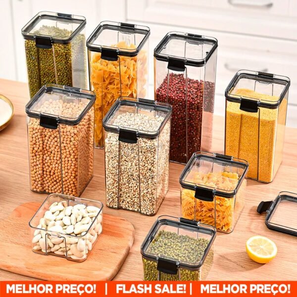 Kit 5 Potes Pote Hermético Acrílico Organizador Slim Click Tampa Trava Com Alta Vedação Em Silicone Empilhável Organiza Cozinha Armário