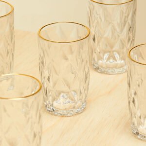 Conjunto De Copo Diamante Clear Transparente Borda Dourada 350ml 6 peças