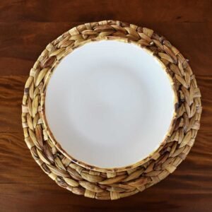 Prato Raso Branco com Borda de Bambu 27cm 1ª Linha Scalla