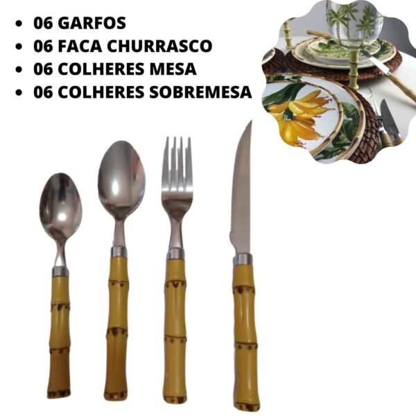 Faqueiro Bambu Talheres Completo 24 Peças Aço Inox Bambu - Image 3