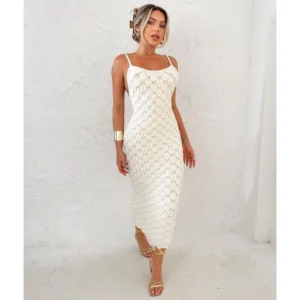 Vestido Modal Tricot Escamas Midi Alta Qualidade Verão 2024