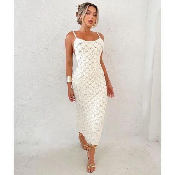 Vestido Modal Tricot Escamas Midi Alta Qualidade Verão 2024