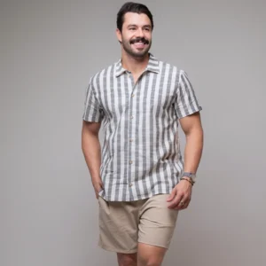 Camisa Listrada Manga Curta Unissex Verão Praia Preto e Branco