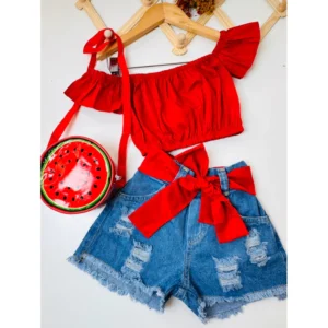 Conjunto Ciganinha infantil com bolsinha em formato de fruta com cinto