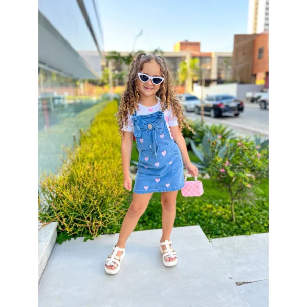 Conjunto infantil Jardineira saia jeans menina blogueirinha