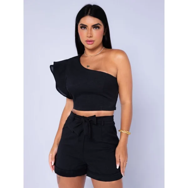 Conjunto Feminino em linho Shorts e Cropped E Shortinho Verão - Image 3
