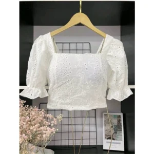 Cropped feminina de laise com bojo com manga bufante