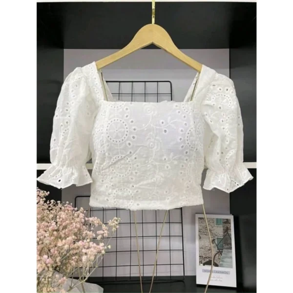 Cropped feminina de laise com bojo com manga bufante