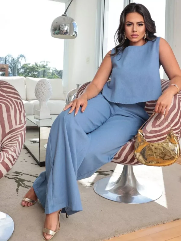 Conjunto Alfaiataria Social Feminino Calça e Blusa Em Linho - Image 3
