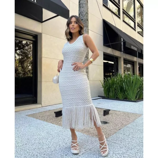 Vestido Regata MIDI Decote V Com Franjas Tricot Modal Premium Alta Qualidade - Image 2
