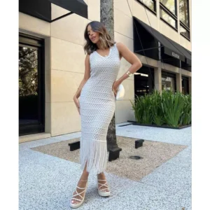 Vestido Regata MIDI Decote V Com Franjas Tricot Modal Premium Alta Qualidade
