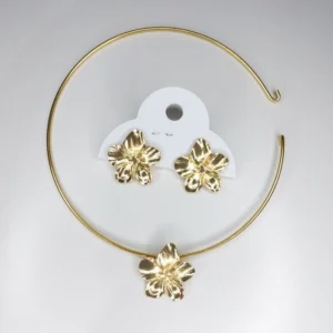 Colar chocker + brincos conjunto folheado dourado - Flor