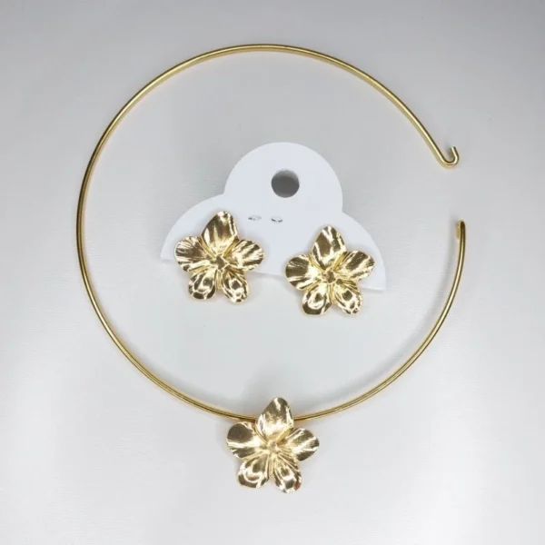 Colar chocker + brincos conjunto folheado dourado - Flor