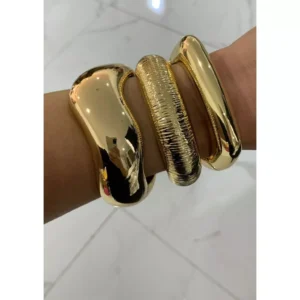 Kit 3 Braceletes Bold Grosso Feminino Liso Banhado A Ouro