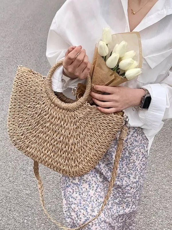 Juzia Bolsas Bolsa palha grande meia lua praia feminina de mão - Image 3