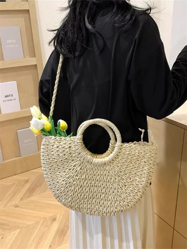 Juzia Bolsas Bolsa palha grande meia lua praia feminina de mão - Image 7