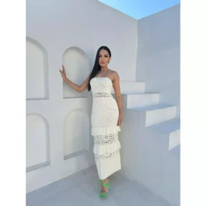 Vestido Longo Tomara Que Caia Com Detalhes em Croche Tricot Modal Look para Natal