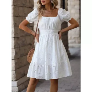 Vestido curto lese algodão manga curta com elástico na cintura forrado
