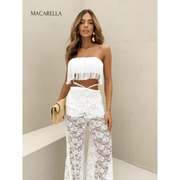 MACARELLA Conjunto Feminino Top Cropped Franjas e Calça Flare Renda - Image 3