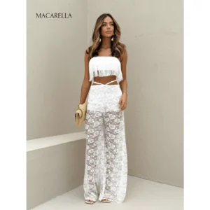 MACARELLA Conjunto Feminino Top Cropped Franjas e Calça Flare Renda