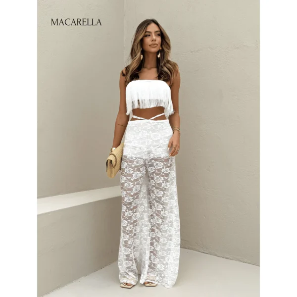 MACARELLA Conjunto Feminino Top Cropped Franjas e Calça Flare Renda
