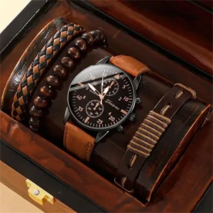 Combo de acessórios masculino 4 peças, relógio e pulseiras