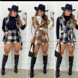 Conjunto Xadrez Flanelado Short+Colete Com Cinto Quadriculado