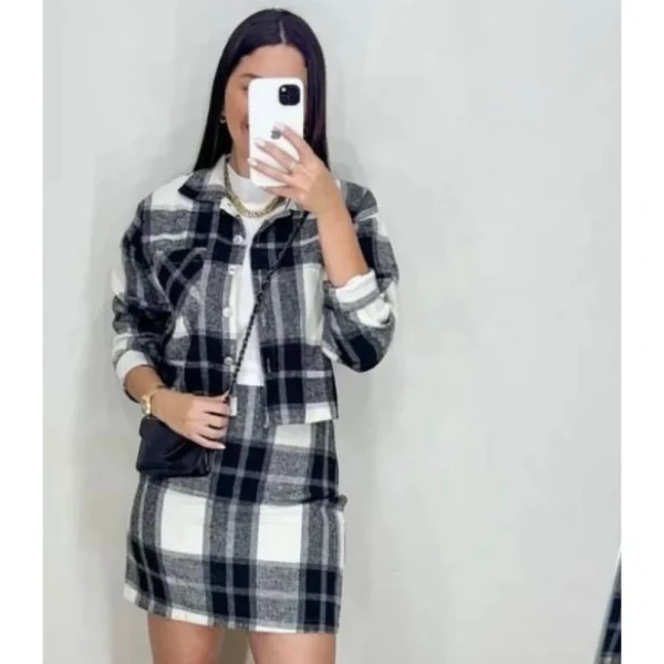 Conjunto xadrez feminino camisa manga com bolso e mini saia flanelado - Imagem 2