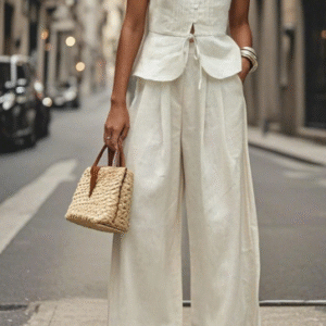 Conjunto de Top Tipo Alça e Calça de Cor Sólida