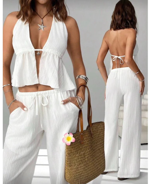 Top cortininha de amarração e calça pantalona - Imagem 2