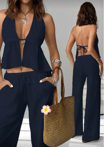 Top cortininha de amarração e calça pantalona - Imagem 3