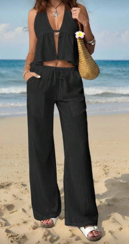 Top cortininha de amarração e calça pantalona - Imagem 4