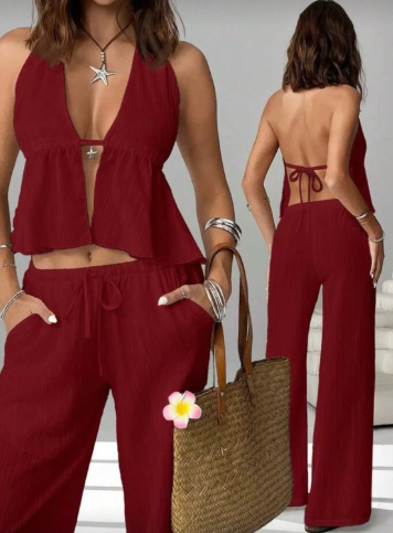 Top cortininha de amarração e calça pantalona - Imagem 5